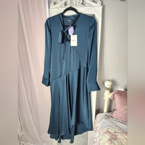 THEORY Evening V Neck Satin Long Sleeve Midi Dress in Deep Navy Blue